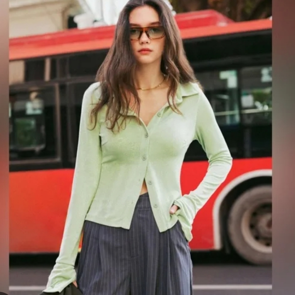 WHITE Cider Collared Button Down Bell Sleeve Top